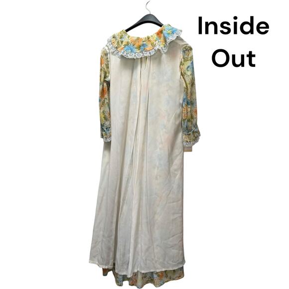 Vintage 1960s Delicate Floral Housecoat Yellow Robe White Lace Trim Ribbon Tie - Picture 11 of 16